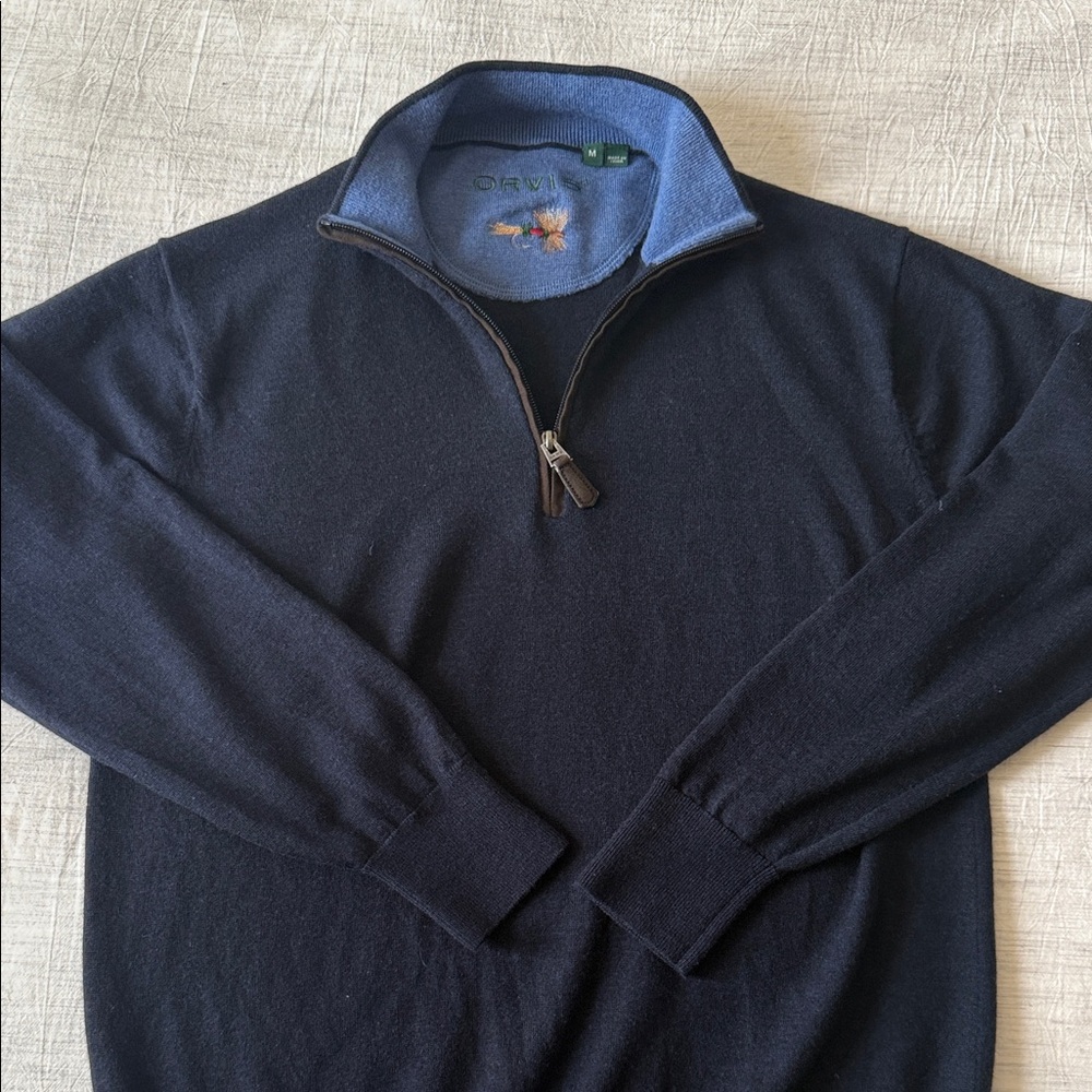 Orvis Men's Navy Blue Merino Wool Contrast Collar 1/4 Zip‎ Sweater Size M